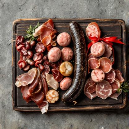 Étalage de charcuteries et saucissons dans une épicerie fine, produits du terroir français