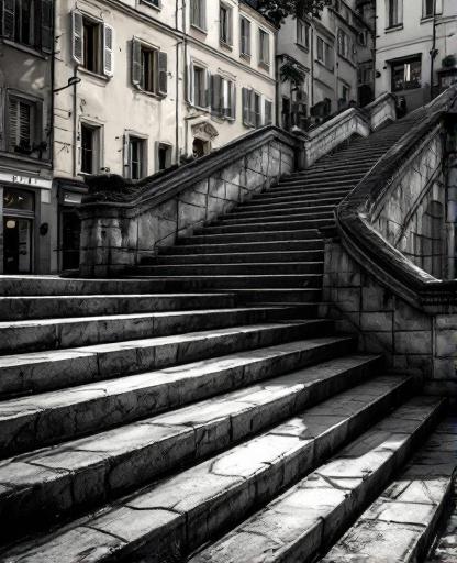 Escalier emblématique de la Croix-Rousse en noir et blanc, ambiance de quartier populaire lyonnais