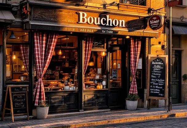 Façade d'un bouchon lyonnais avec ses décorations traditionnelles
