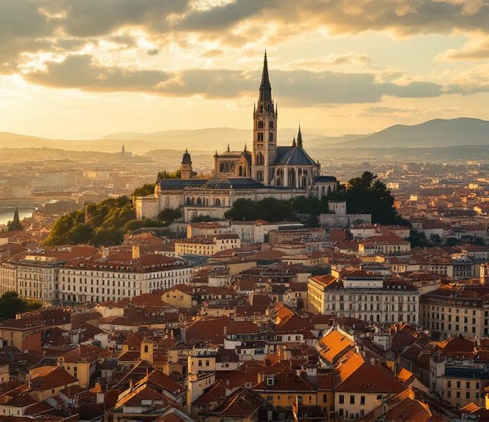 Vue aérienne de la basilique Notre-Dame de Fourvière dominant les toits de Lyon
