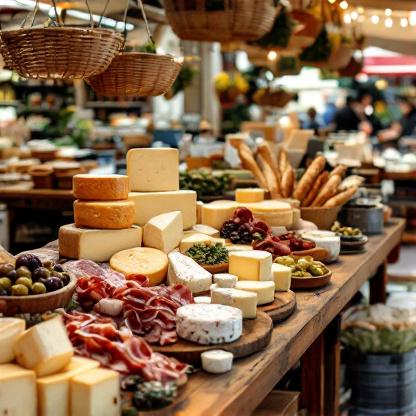 Stand de marché avec fromages et charcuteries traditionnelles, exposition de produits artisanaux