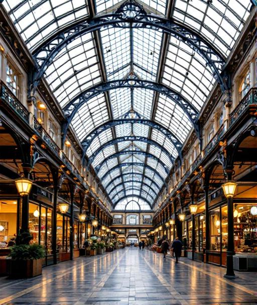 Architecture intérieure d'un grand marché couvert, haut plafond et perspective sur les allées