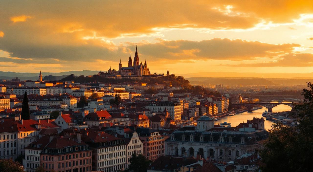 Vue sur Lyon au crépuscule, la basilique de Fourvière dominant les toits de la presqu'île