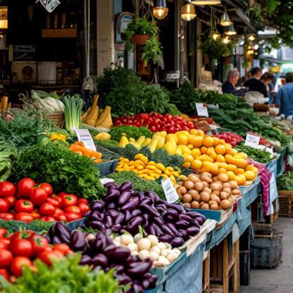 Marché couvert animé avec stands de fruits et légumes, ambiance de marché de terroir français