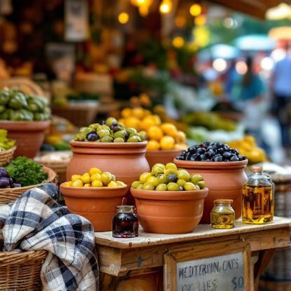 Olives et condiments méditerranéens dans un marché de plein air, couleurs vives