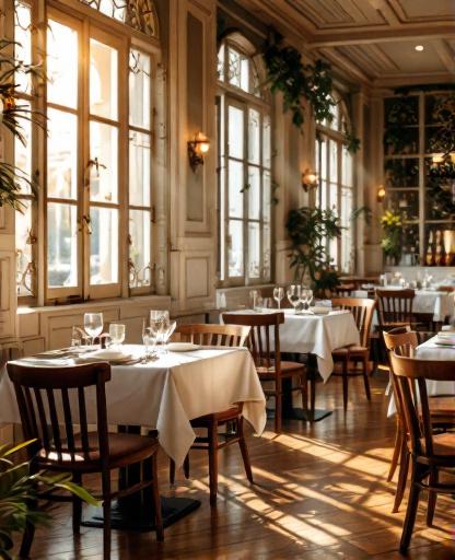 Salle de restaurant avec tables en bois, chaises et lumière matinale filtrant par les fenêtres
