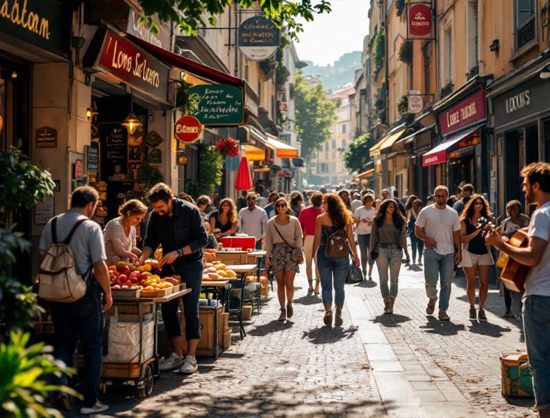 Rue animée à Lyon, quartier populaire cosmopolite