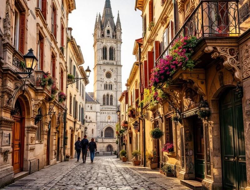 Rue pavée du Vieux-Lyon avec la cathédrale gothique en arrière-plan